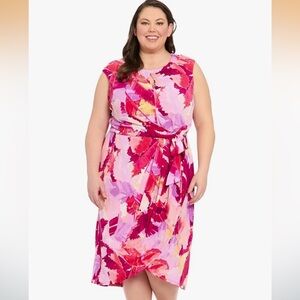 London Times Pink and Red Abstract Midi Dress